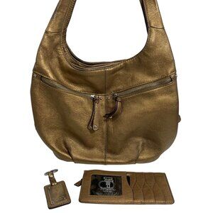 TIGNANELLO Metallic Bronze Leather Hobo Bucket Shoulder Bag + Keychain, Wallet
